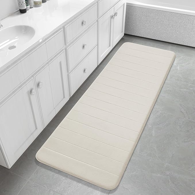 Yimobra Bathroom Runner 60"x24", Non Slip Memory Foam Bath Mat, Super Soft Water Absorbent Hallway Carpet, Machine Washable Rug for Vanity Tub Shower, Cream