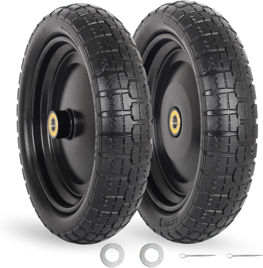 13" Flat-free Solid Tire and Wheel, with 5/8" Axle Bore Hole, 2.2" Offset Hub, Replacement 4.00-6 Wheelbarrow tire, Compatible with Garden Wagon Trolley Dolly, 2 Pack