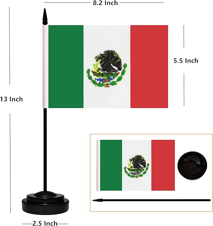 12 Pack Mexico Desk Flags Set, Mexican Small Mini Table Office Flags with 12" Solid Black Pole, 8.2 x 5.5 Inches, Home and Office Decoration, Festival Celebrations