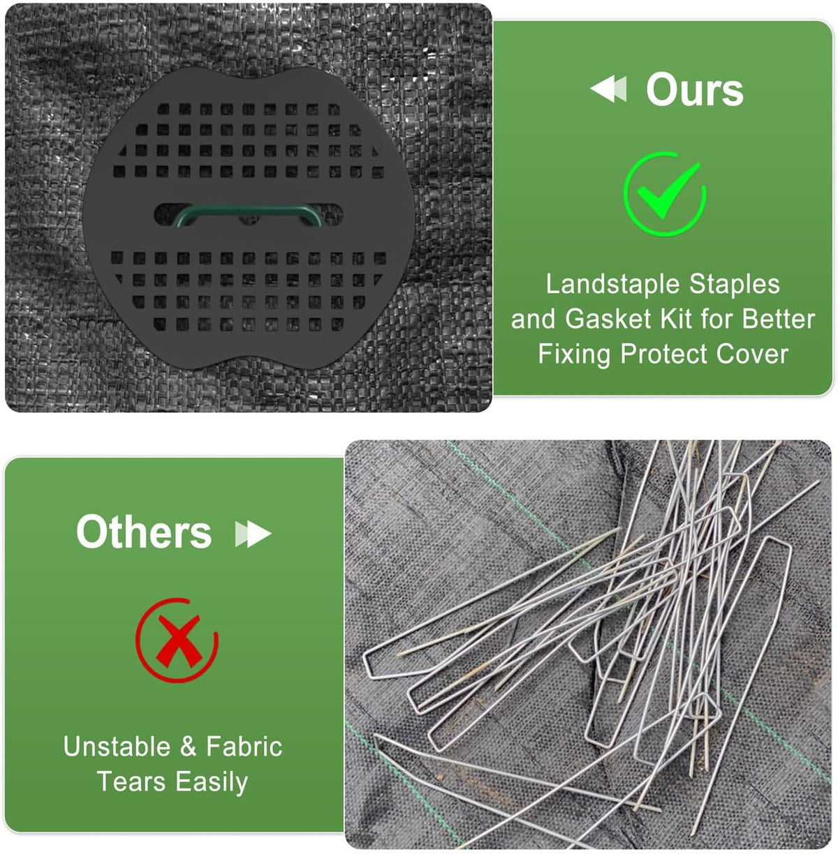 FOTMISHU Landscape Staples 6Inch 50pcs Garden Stakes + 50pcs Gasket, Lawn Pins with Spray Coating Craft, 11Gauge Anti-Rust Ground Yard Spikes Anchoring for Outdoor Tents Irrigation Hoses (Green)
