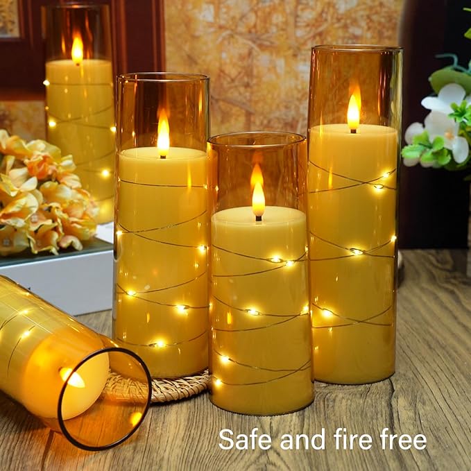 Flameless LED Candles with Timer 9 Pc Flickering Flameless Candles for Romantic Ambiance and Home Decoration Stable Acrylic Shell,with Embedded Star String，Battery Operated Candles（Gold）