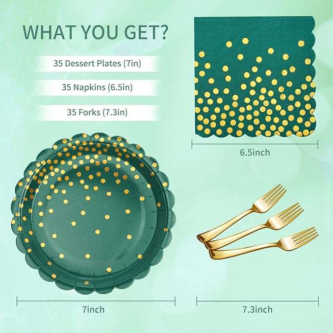 105PCS Green Plates and Napkins Party Supplies, Green and Gold Birthday Party Decorations, 7” Dessert Paper Plates for Wedding Baby Shower Graduation Decorations, Serves 35