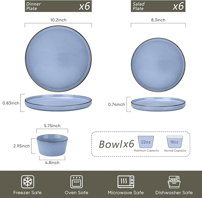 Herogo 18 Pieces Dinnerware Set for 6, Stoneware Dinner Plates and Bowls Sets, Reactive Glaze Dishes for Kitchen, Crack Resistant, Microwave & Dishwasher Safe, Haze Blue