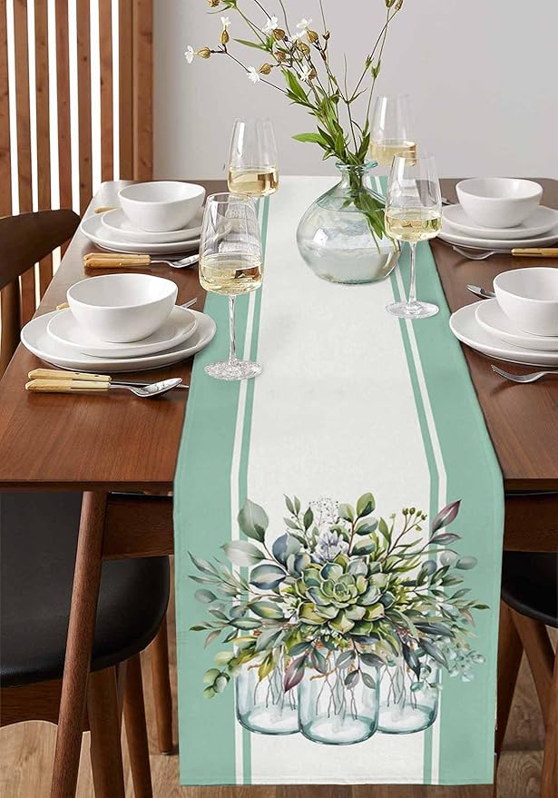 Eucalyptus Cotton Linen Table Runner for Dining Kitchen, Wedding Outdoor Party Tablerunners Decoration, Green Leaves Botanical Plants Watercolor Dresser Scarf Coffee Tablecloth Runners 13x90 Inches