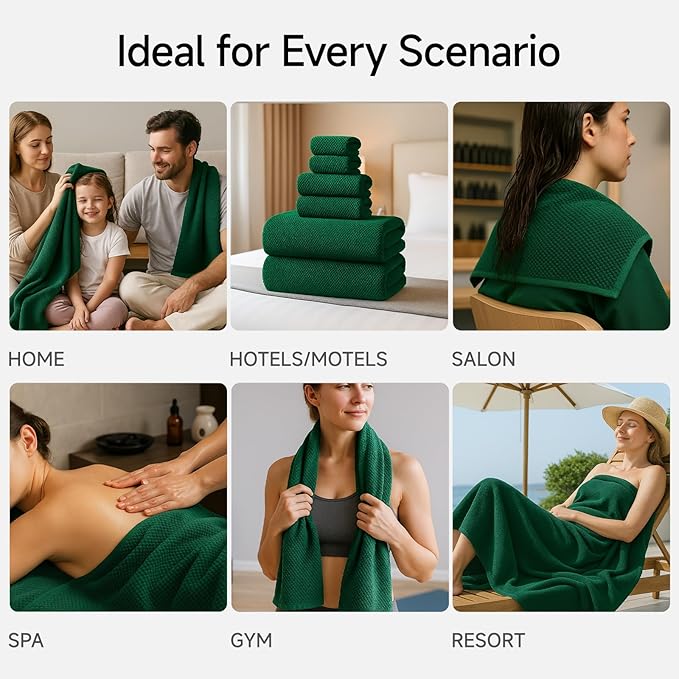 REDKISS Soft 6 Piece Bath Towel Set - 2 Bath Sheets, 2 Hand Towels, 2 Washcloths - Highly Absorbent, Quick Dry, Lightweight Towel Sets Collection, Premium Dark Green Towels for Bathroom, Gym & Spa