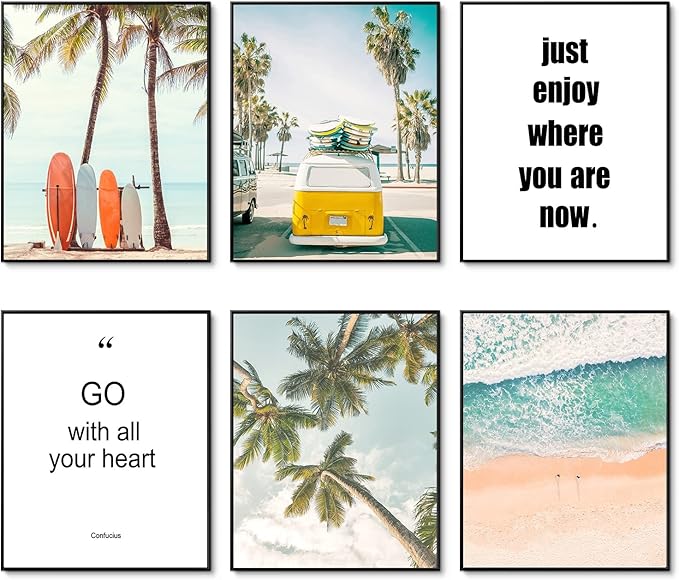 HoozGee Beach Wall Art Prints Set of 6 Summer Seascape Palm Poster Wall Decor Nature Landscape Coastal Surf Art Prints Pictures Photography Photos Print on Canvas Wall Decor (8"x10" UNFRAMED)