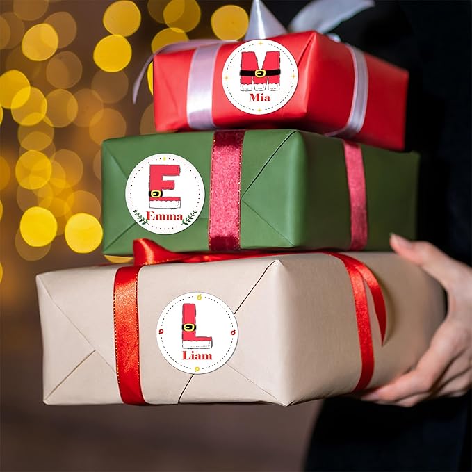 Personalized Christmas Stickers - Custom Name Waterproof Christmas Gift Tags for Gift Box Xmas Holiday Decorations Party Favors - 30 Stickers (Initial)