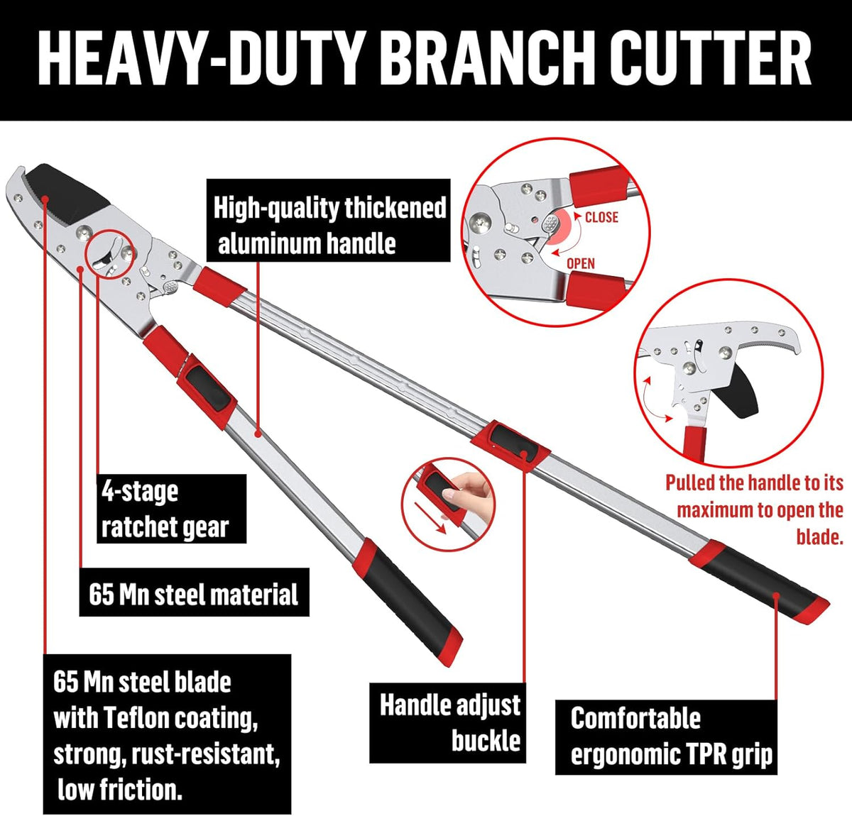 GARTOL Heavy-Duty Extendable Loppers, 28"-41" Telescopic Tree Trimmer, Double Ratcheting Branch Cutter, Anvil Lopper for Thick Branches, Cuts 2" Dry Wood