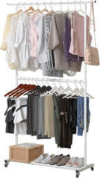 Sywhitta Double Rod Clothing Garment Rack, Rolling Clothes Organizer on Wheels for Hanging Clothes, Easy to Assemble, Adjustable, White