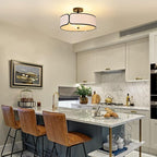 16" Semi Flush Mount Ceiling Light - 3 Lights Drum Light Fixture with Black Border White Fabric Shade, Farmhouse Close to Ceiling Light for Bedroom Living Dining Room Foyer and Hallway