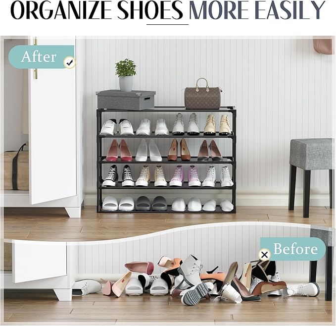 TY ARTS & CULTURE 2 Pack 5-Tiers Shoe Rack Organizer, Sturdy Metal Pipes & Durable Non-Woven Fabric, Shoe Rack for Closet Hold 40-50 Pairs, Shoe Rack for Entryway (Black)