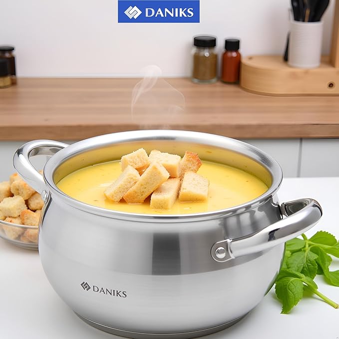 Daniks Classic Stainless Steel Stock Pot with Glass Lid – Induction 2 Quart, Dishwasher Safe, Measuring Scale, For Soup, Pasta, Stew, Silver