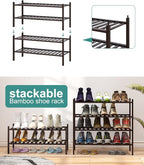 2-Tier Shoe Rack for Entryway, Bamboo Shoe Rack for Closet, Free Standing Shoe Racks for Indoor Outdoor, Stackable Shoe Shelf Storage Organizer for Hallway Closet