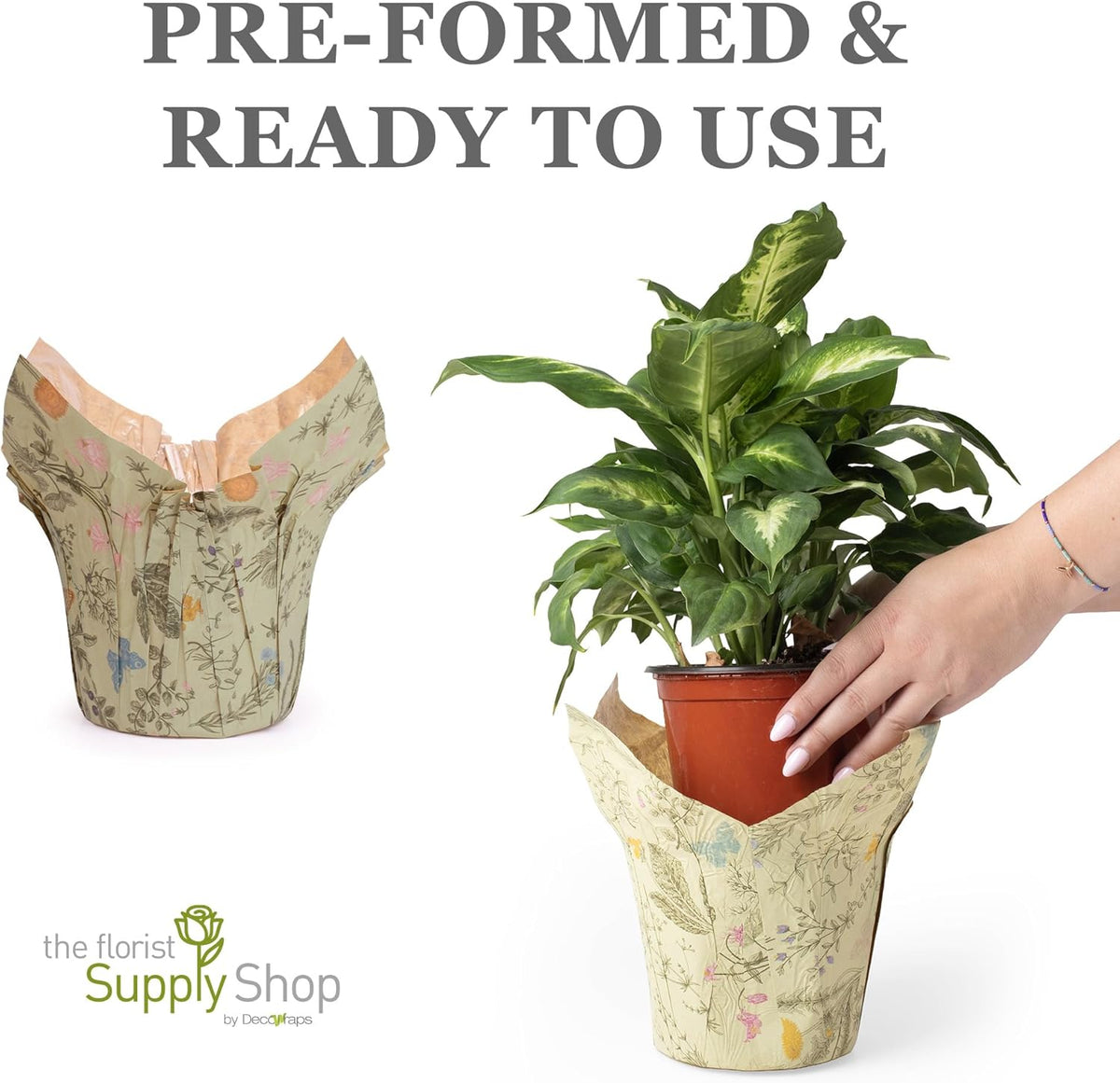 Premium 6” AZA Plant Pot Covers, Decorative Plant Sleeve for Indoor & Outdoor House Plants, Reusable and Gift-Ready for Flower Pots, Green-Print, Pack of 5