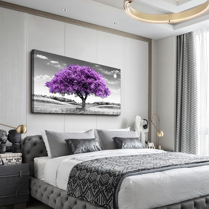 Large Canvas Wall Art for Living Room Wall Decor for Office Aesthetic Bedroom Wall Decorations Purple Tree Landscape Painting Black and White Pictures Artwork Room Modern Home Decor