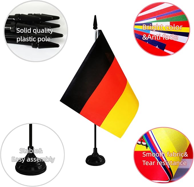 Germany Desk Flag, 12 Pack Germanic Table Office Flag with Black Solid Pole and Stand Base, International Country Flag, Festival Celebration, Classroom Meeting Desktop Decor (Germany)
