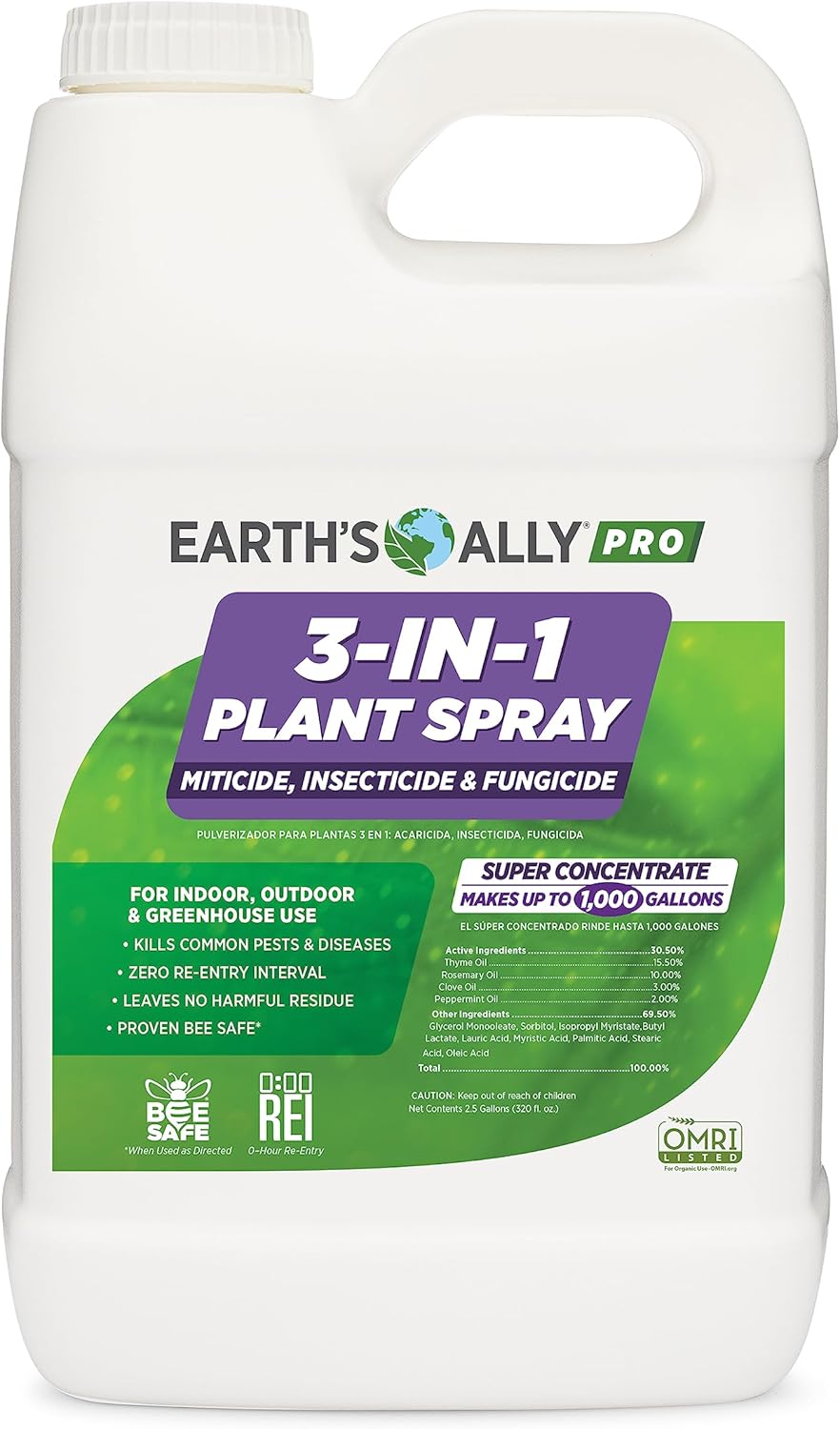 Earth's Ally Pro 3-in-1 Plant Spray 2.5 gal Super Concentrate | Insecticide, Fungicide & Spider Mite Control, Use on Indoor Houseplants and Outdoor Plants, Gardens & Trees - Insect & Pest Repellent