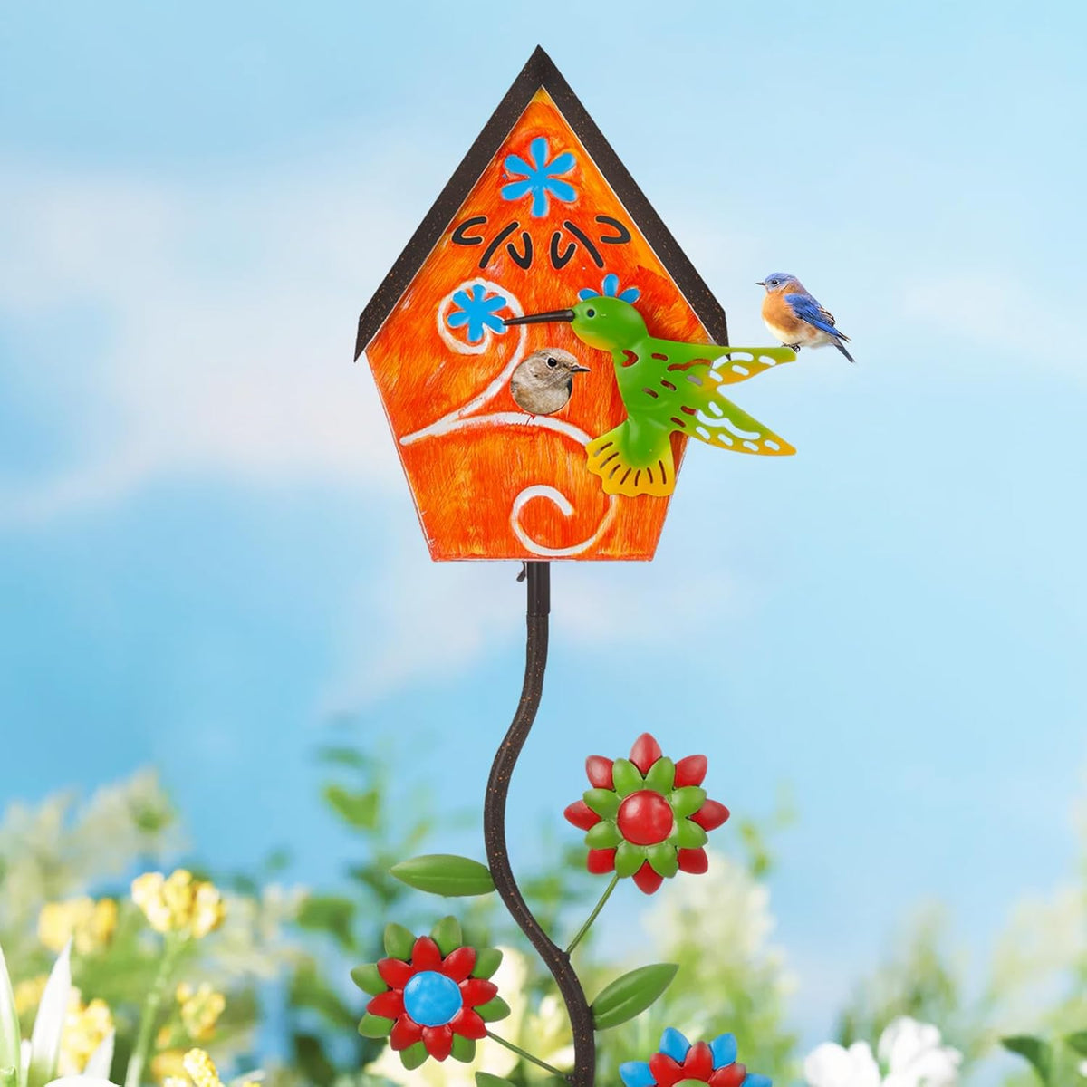 51” Bird Houses Stake for Outside, Metal Wild Bird Feeder Birdhouse Stake Pole with Hummingbird Design Outdoor Decorations for Patio, Backyard, Garden