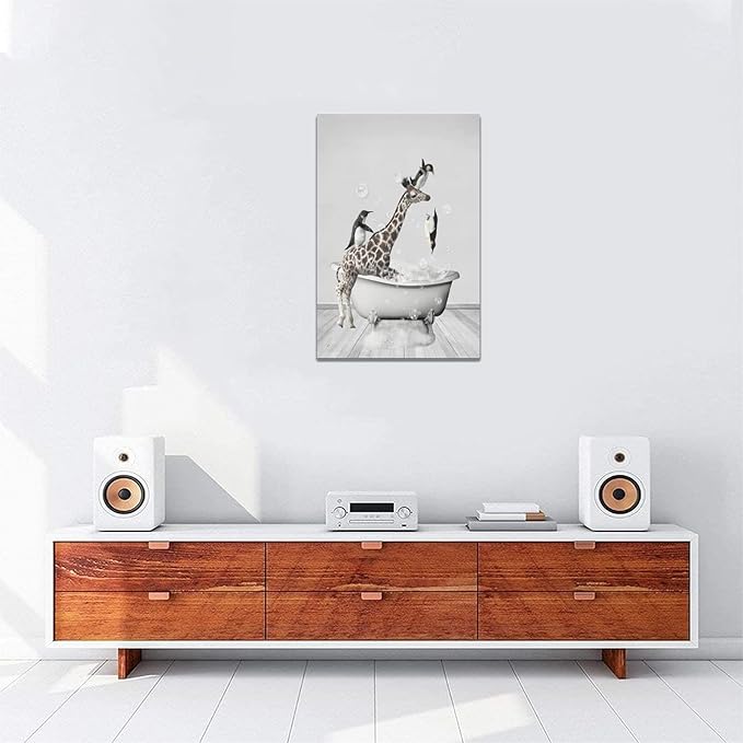 Funny Wall Art Giraffe and Penguin Bathroom Pictures for Kids - Animals in Bathtub Canvas Prints Artwork - Home Decorations for Bathroom, Bedroom, Toilet - Framed