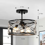 12.6" Semi Flush Mount Ceiling Light 3-Lights Drum Black Ceiling Lighting Vintage Industrial Modern Crystal Flower Light Fixture for Bedroom, Entryway, Kitchen, Dining Room, E12
