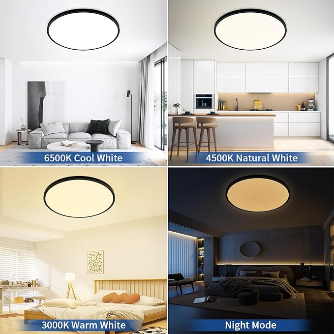 20 Inch Black Led Ceiling Light, Dimmable with Remote Control, Modern, Ultra Thin Flush Mount, Round Light Fixtures, 48W, 4800 Lumen, for Bedroom, Living Room, Kitchen, Dining Room