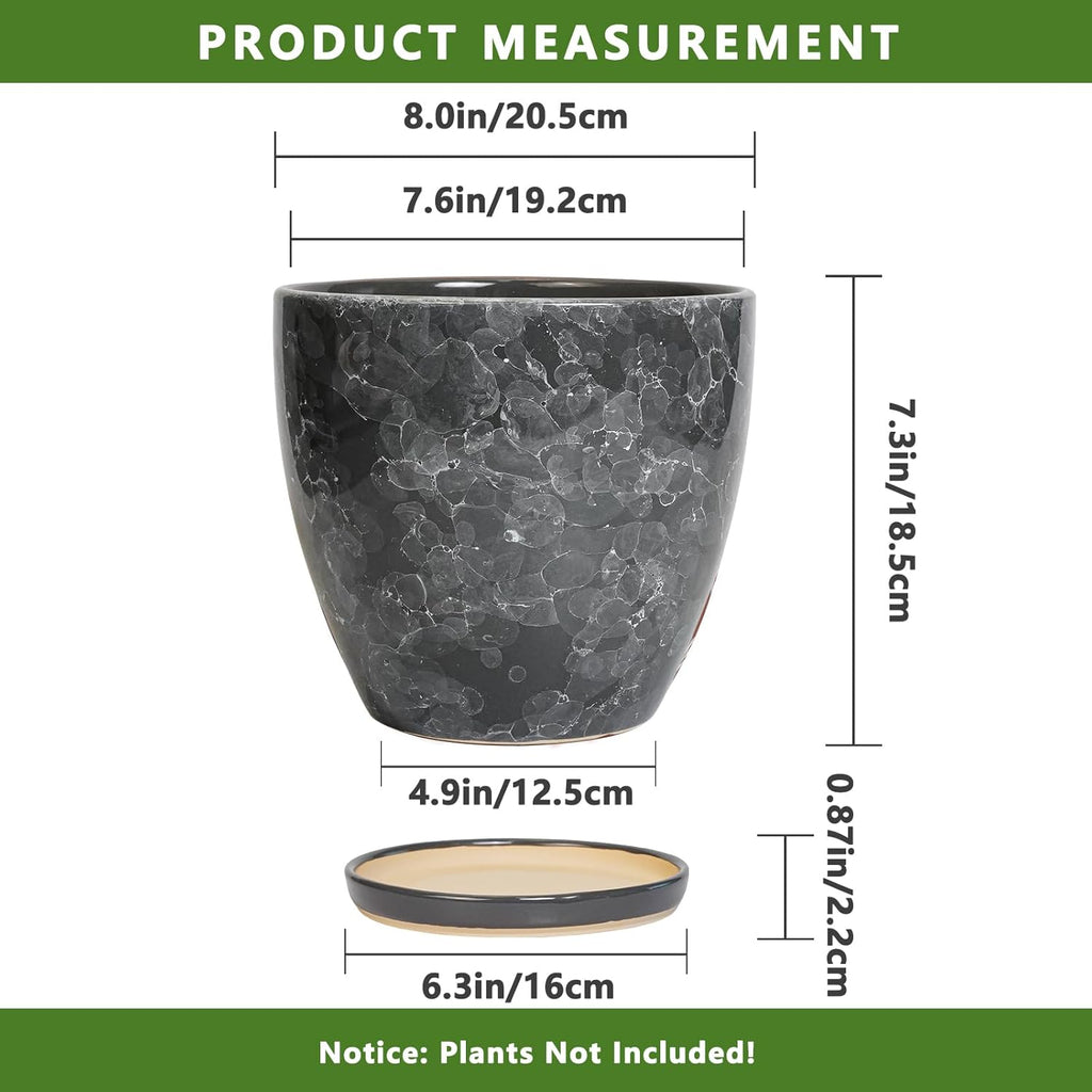 Ceraimc Planter - 8 Inch Plant Pot for Indoor Outdoor Plants, Decorative Round Planters, Flower Pot with Drainage and Saucer, Garden Porch House Room Decor, Plant Lover Gifts, Grey
