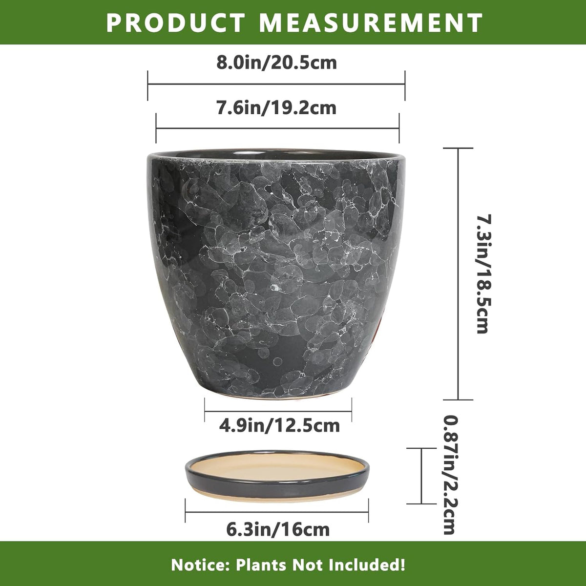 Ceraimc Planter - 8 Inch Plant Pot for Indoor Outdoor Plants, Decorative Round Planters, Flower Pot with Drainage and Saucer, Garden Porch House Room Decor, Plant Lover Gifts, Grey