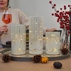 Starry Night Hurricane Candleholders with Warm LED Lights & Remote Timer, Elegant Twinkling Decorative Centerpieces for Wedding, Dining Table, Living Room, Mantel Décor, Set of 3 (White)