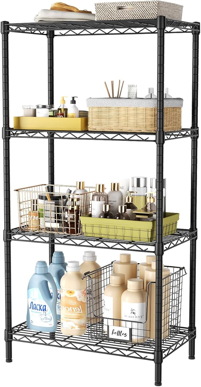 4 Tier Adjustable Storage Shelves,Heavy Duty Metal Utility Shelf 600LBS Capacity,Wire Shelving Unit Organizer Rack for Home Kitchen Office BathroomM Pantry Room 12" D x 22" W x 43.5" H Black