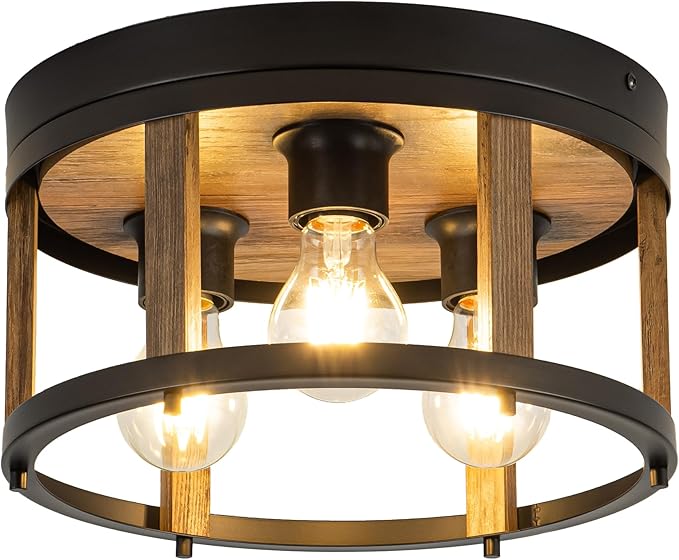 MAYNA 3-Light Retro Farmhouse Flush Mount Round Vintage Metal and Wood Ceiling Light Fixtures, Rustic Ceiling Lamp for Kitchen, Hallway, Entryway, Bedroom, Dining Room