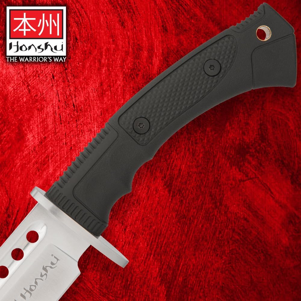 Honshu Boshin Seax Knife | 19 3/8" Full-Tang Stainless Steel Blade | Textured TPR Handle | Premium Leather Sheath with Paracord Lanyard | Modern Tactical Seax Design | 25 3/4" Overall Length