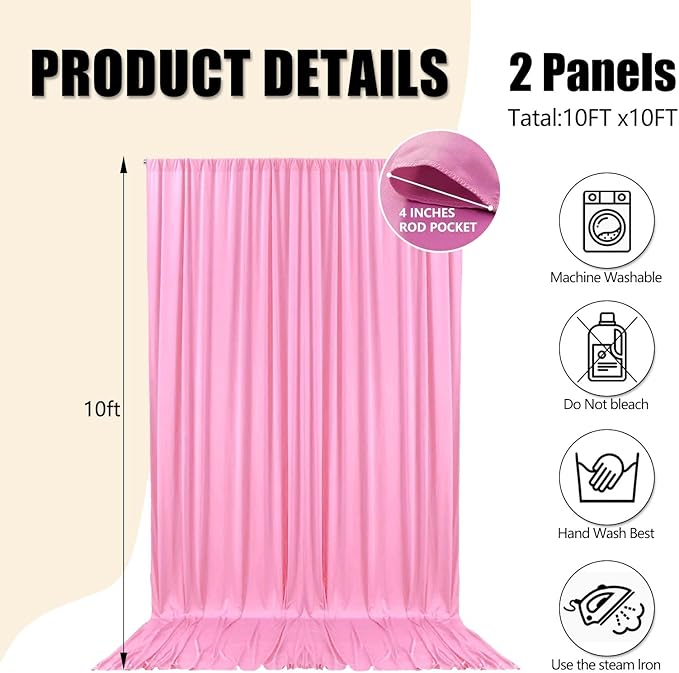 10ft x 10ft Pink Backdrop Curtains for Parties, Fabric Satin Background Curtain with Rod Pockets for Weddings, Birthday, Baby Shower, Photography, Graduation Party Backdrop Drapes, 2 Panels