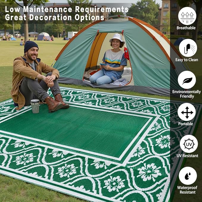 Plastic Outdoor Rug 6'x9' Waterproof Camping Carpet Outside Area Rug Reversible Green Rugs for RV Deck Entryance Porch Picnic Balcony Beach