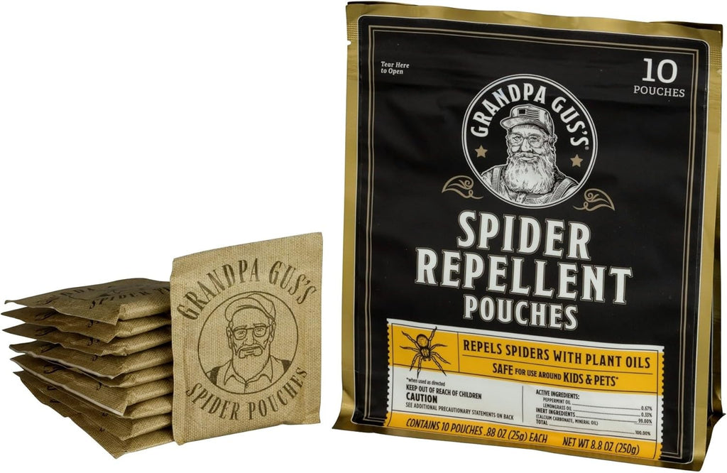 Grandpa Gus's Natural Spider Repellent Pouches, Peppermint and Lemongrass Oil Blend for Indoor Pest Control, Safe for Home, RV, Garage, Basement (10 Pouches)
