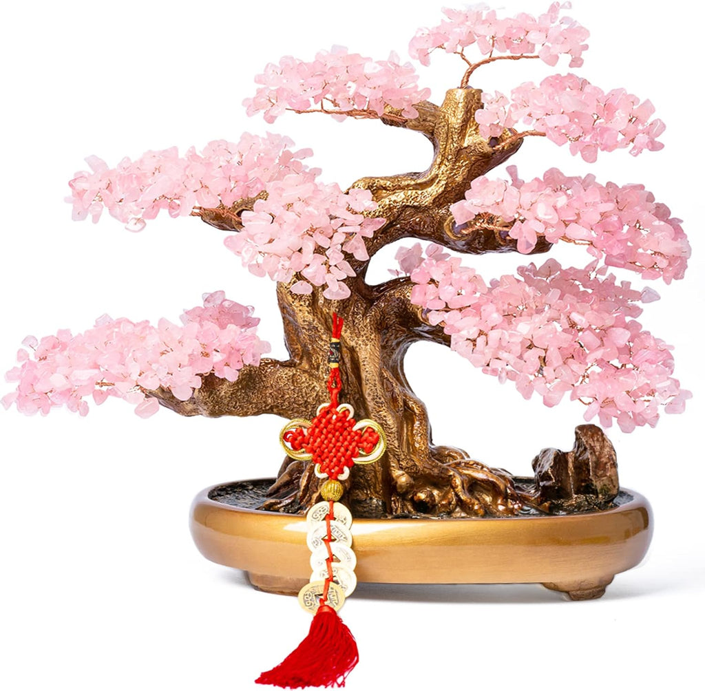 Natural Rose Quartz Gemstone Crystal Bonsai Tree of Life Large Feng Shui Money Chakra Tree for Luck and Wealth Decoration(1,251 Gem Count)