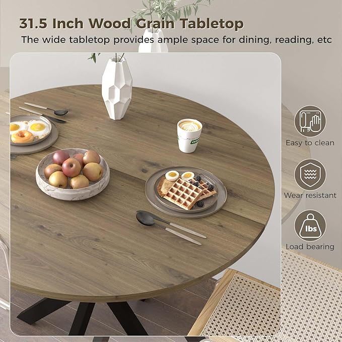 Unovivy 31.5" Small Round Dining Table for 2-4, Space Saving Circle Kitchen Dinner Table, Industrial Mid Century Modern Dining Room Desk for Kitchen, Apartment, Natural Oak