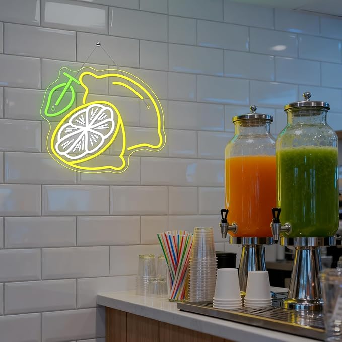Lemon Cocktail Neon Sign – Yellow & Green LED Wall Light with Citrus Slice and Drink Glass – Summer Party, Bar, Kitchen, and Home Décor