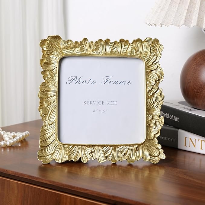 Cuspin 6x6 Gold Picture Frame, Vintage Gold Palm Leaves Textured Hand-Crafted Resin Frames with Glass Front, Retro Square Photo Frame for Wall and Tabletop Display Home Decor