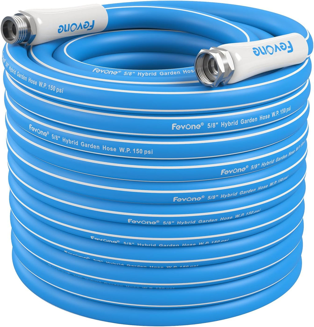 Fevone 100 ft x 5/8" Heavy Duty Garden Hose, Drinking Water Safe, Flexible & Kink-Free Hybrid Polymer Water Hose, Lightweight Outdoor Hose with 3/4" Solid Aluminum Fittings