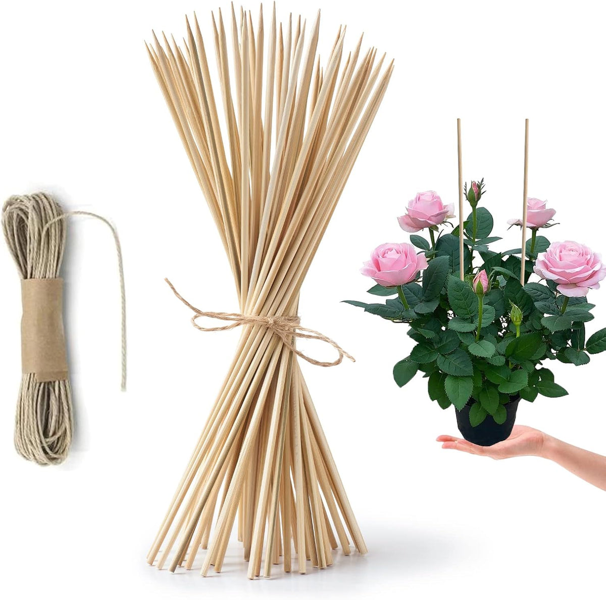 HOPELF 50 Pack 8" Bamboo Plant Stakes for Wood Garden Sticks，Wooden Indoor Gardening Floral Plant Support ，Potted Plants，Crafts, More Size Choices 8"/12"/16"