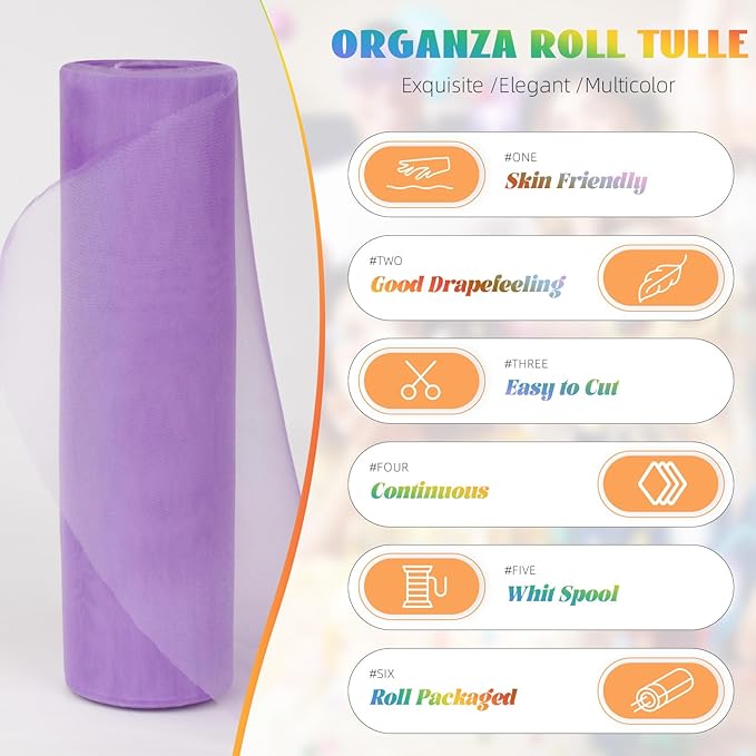 Crystal Organza Fabric Tulle 11 Inch by 50 Yards Sheer Tulle Rolls for DIY Craft Wedding Party Baby Shower Decor Gift Wrapping Party Supplies (Purple)