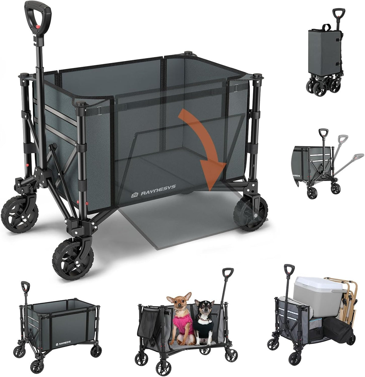 Collapsible Wagon Cart with Wheels 220lbs Foldable Wagon 120L Shopping Cart for Groceries Folding Utility Wagon for Beach, Garden, Camping, Sport, Apartment, Wheelbarrows, Gray