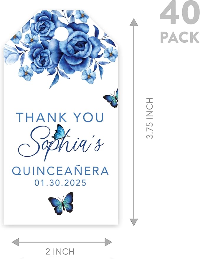 Andaz Press 40-Pack Personalized Quinceañera Favor Tags with String, Blue Butterflies Custom Classic Thank You Gift Tags for Quince Años XV 15th Birthday Favor Gifts, Quinceanera Decorations