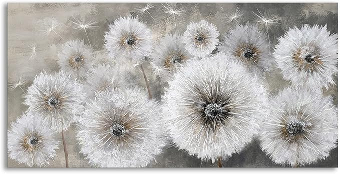 Pogusmavi Wall Art for Living Room & Bedroom - Large Canvas Wall Decor, 24x48, Gray Dandelion Artwork
