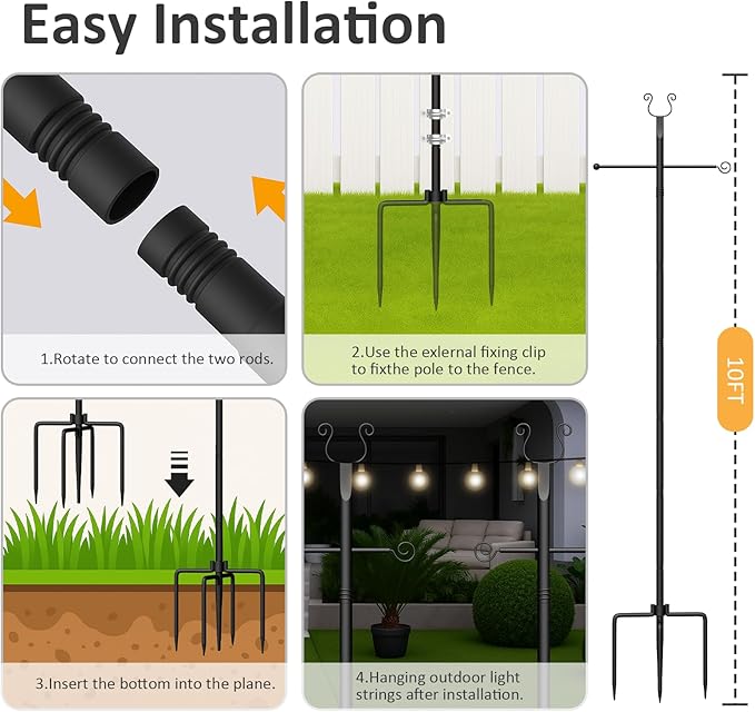 2 Pack String Light Poles - 10 Ft Patio Heavy Metal Lighting Posts, Adjustable Outdoor Stand with Fork for Backyard Deck Garden Wedding