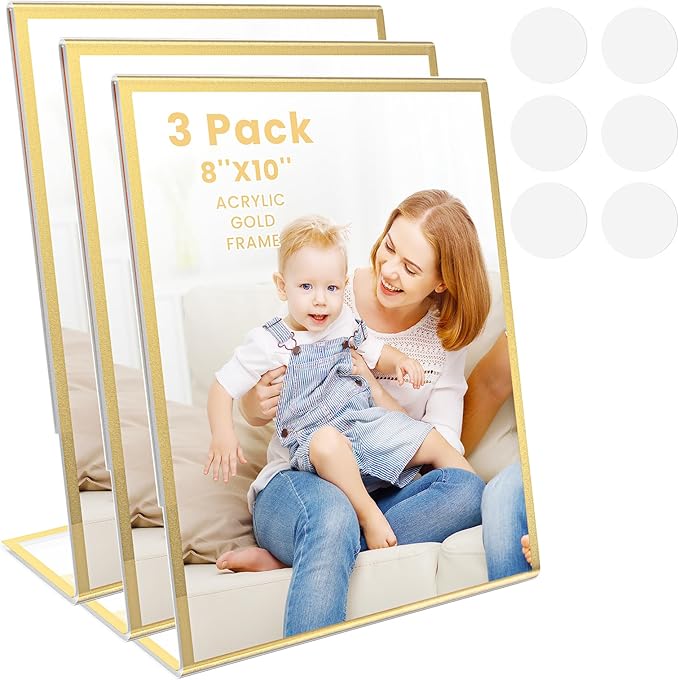 Acrylic Gold Frames 8 x10, Slanted Back Gold Picture Frames Table Acrylic Sign Holder for Photos Wedding Table Numbers and Art Display with Removable Clear Sticky Dots,3 Pack