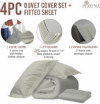 Pizuna 100% Cotton King 3 Pc Duvet Cover + 1 Pc Fitted Sheet Set 400 Thread Count Silver Sateen Weave Luxurious Long Staple Cotton 4 Piece Bedding Set - 1 Duvet Cover, 2 Pillow Shams, 1 Fitted Sheet