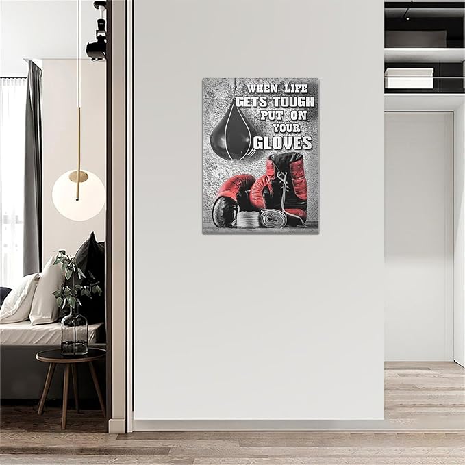 Boxing Posters Wall Art Red Boxing Gloves Pictures Wall Decor Black And White Inspirational Quotes Canvas Prints Painting Artwork Sports Canvas Home Decorations For Teen Boys Room Dorm Bedroom 12"x16"