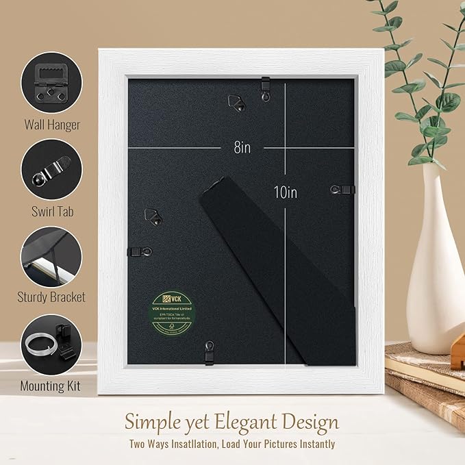 VCK 8x10 Picture Frame Set of 4 - White, Gallery-Quality Wood Poster Frames, 1.1-Inch Wide Border, Polished Plexiglass, Vertical or Horizontal Wall & Tabletop Display for Photo/Art/Prints, White