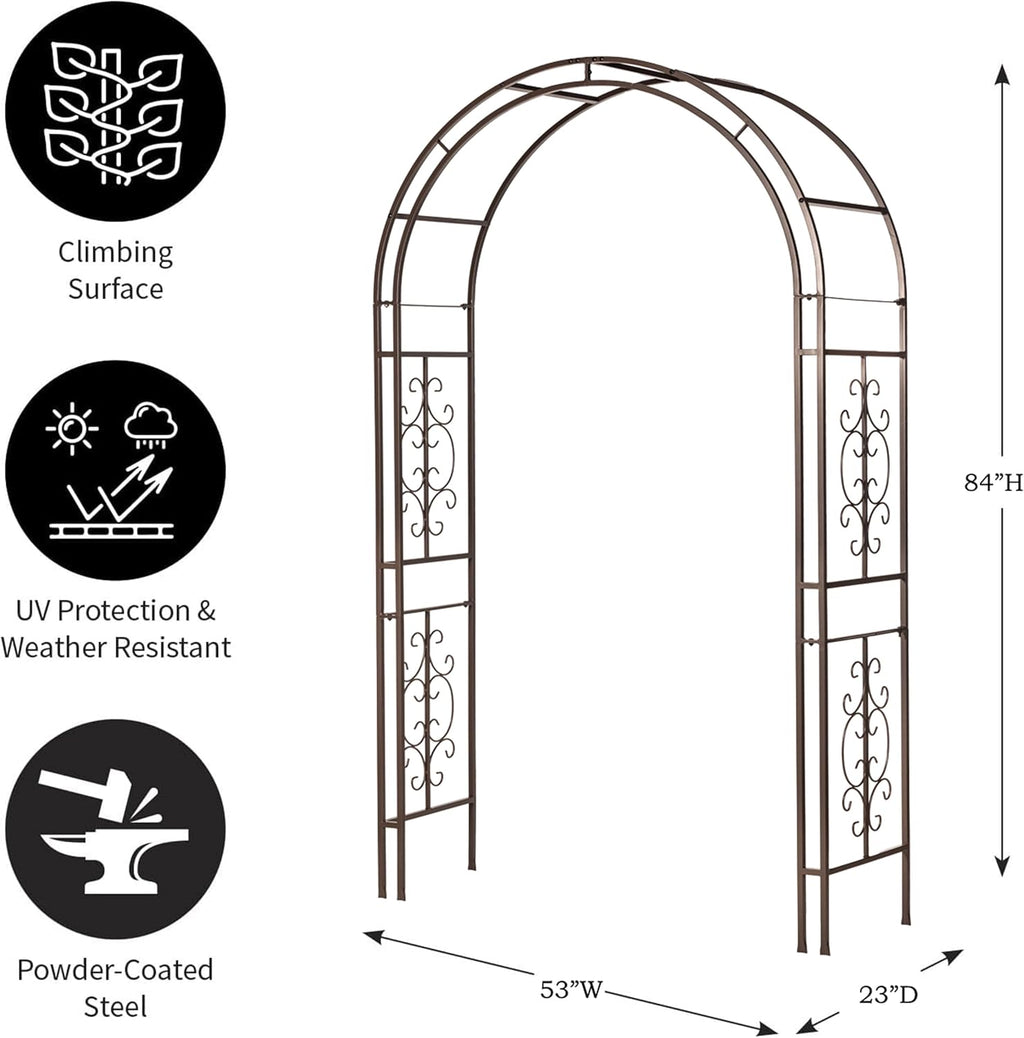 Evergreen Plow & Hearth Montebello-Gunmetal Garden Arbor - 7 Feet Tall | Slim Metal Arch with Iron Trellis for Climbing Plants | Elegant Wedding Arbor | Outdoor Patio & Garden Decor